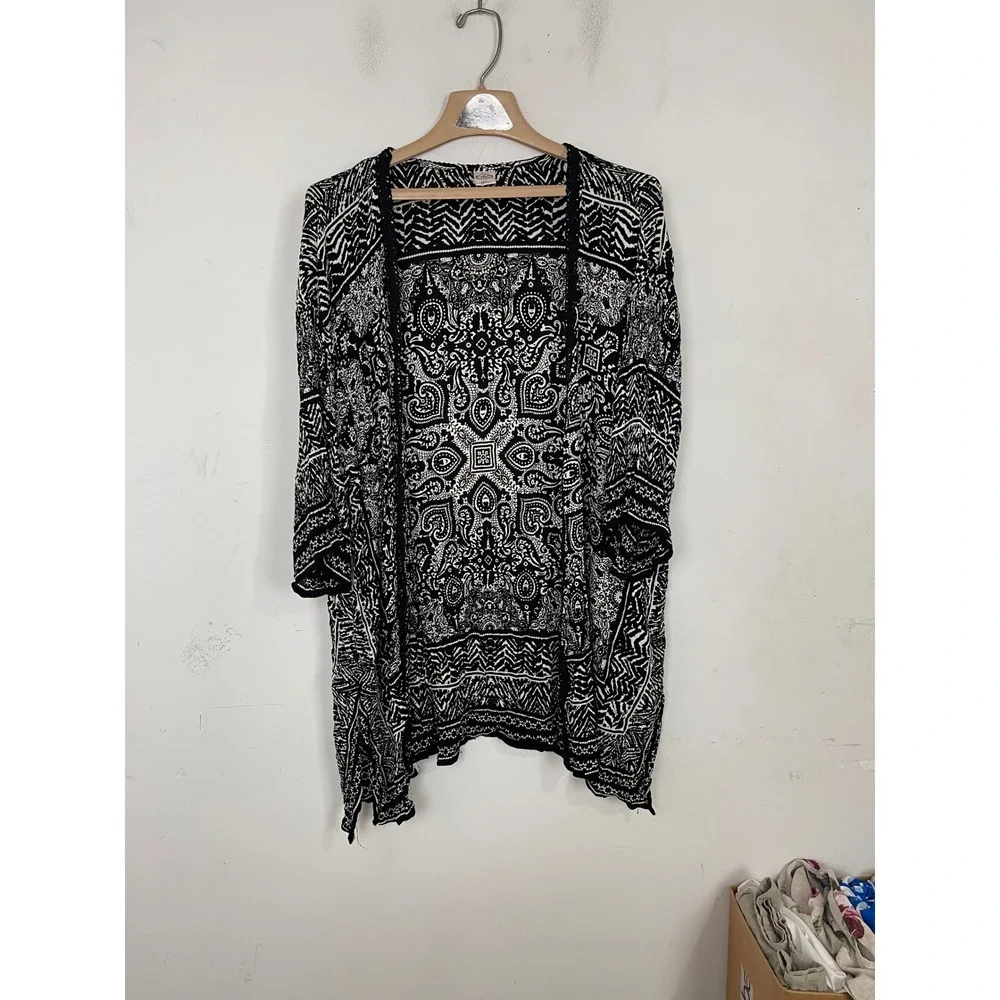 Bila Women Black White Paisley Geometric Open Front Kimono Cardigan‎ SX697 ML